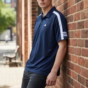 Vintage Adidas Mens LARGE Blue White 3 Stripes Polo Summer Short Sleeve